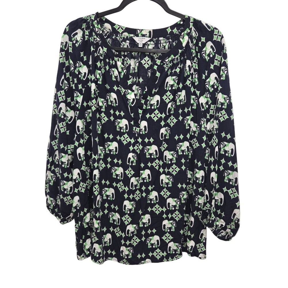 Crown & Ivy Curvy Womens Navy Elephant Print Rayon Blouse 3X Boho Style 3725